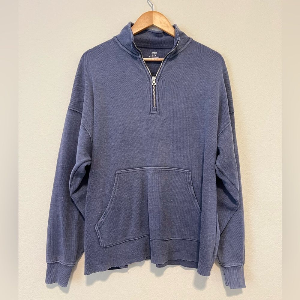 Aerie Blue Coastal Casual Beachy Gorpcore Quarter Zip Ribbed Pullover Sweater